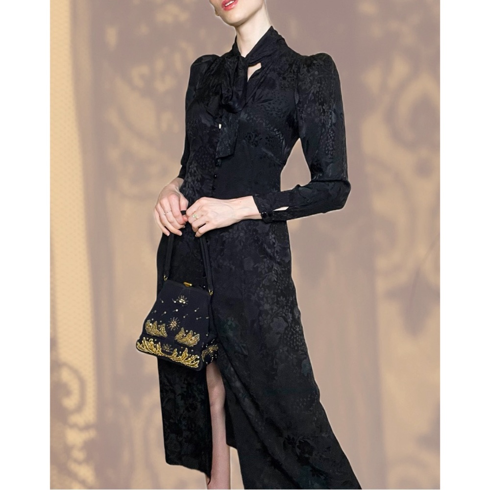ARITZIA NEW Le Fou 100% Silk Black Floral Satin Long Sleeve Tie Neck Mambo Dress - Picture 3 of 15